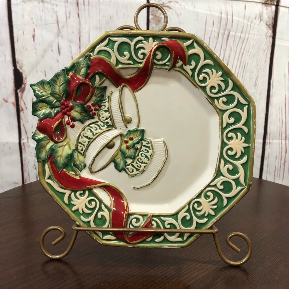 FITZ and FLOYD Holiday Decorative Octagon Plate with Bells and Holly